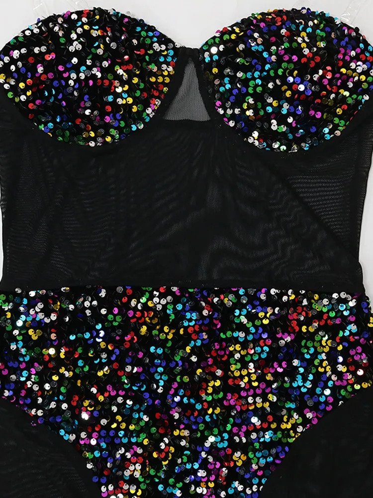 Urban Sexy Dresses Kricesseen Beautiful Sequin Glam Mesh Dress Black Multi Glitter See-Through Sequins Night Dress Birthday Clubwear Outfits 231027