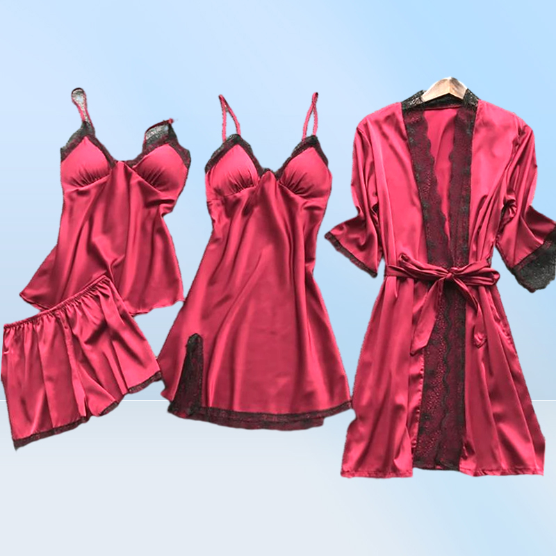 Women Pajamas Sets Satin Sleepwear Silk 4 Pieces Nightwear Pyjama Spaghetti Strap Lace Sleep Lounge Pijama With Chest Pads