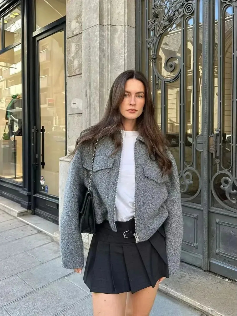 Women's Wool Blends YENKYE Vintage Women Gray Cropped Woolen Jacket Long Sleeve Pockets Female Autumn Winter Short Coat 231027