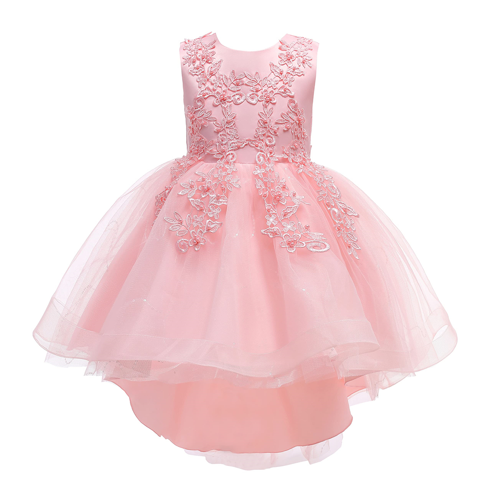 Pretty Princess Girl Dresses Short Hi-Lo Pink Sequins Beading Appliques Bow Ball Gown Tulle Girls Pageant Gown Communion For Wedding Formal Party F10