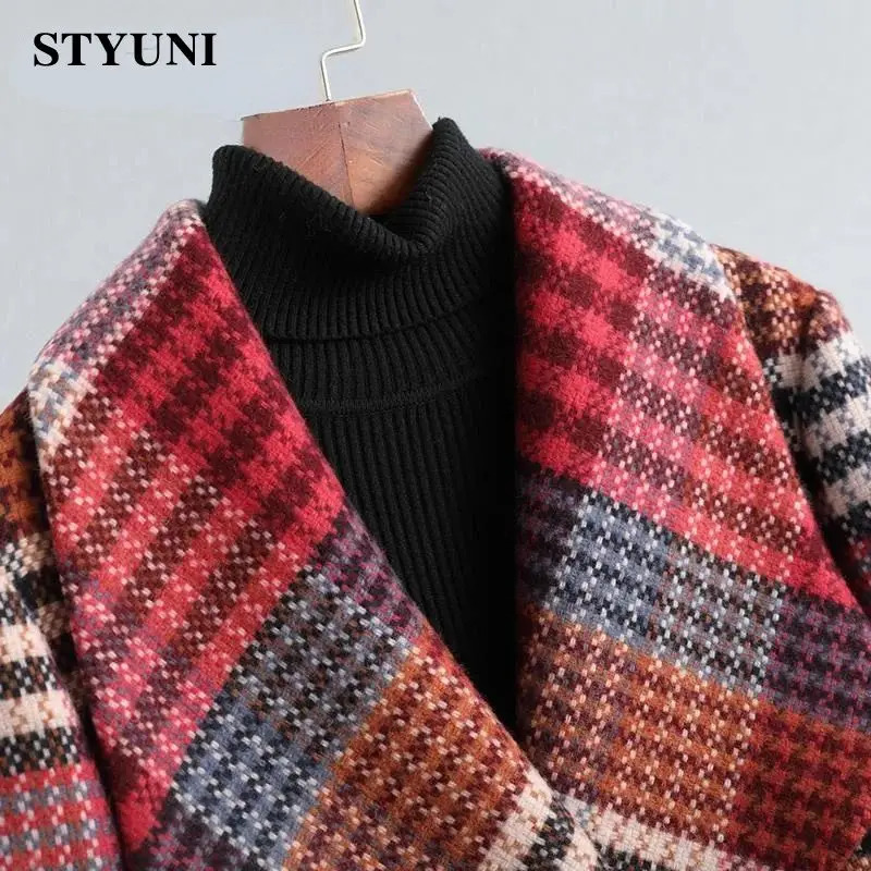 Women's Wool Blends Red Plaid Vintage Thick Woolen Long Sleeve High Waist With Belt Jacket Korean Fashion Coat Winter 2023 231027