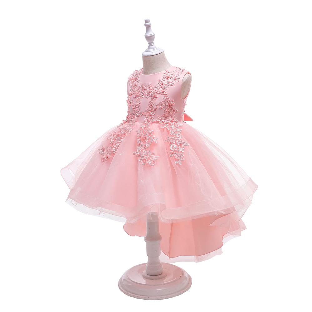 Pretty Princess Girl Dresses Short Hi-Lo Pink Sequins Beading Appliques Bow Ball Gown Tulle Girls Pageant Gown Communion For Wedding Formal Party F10