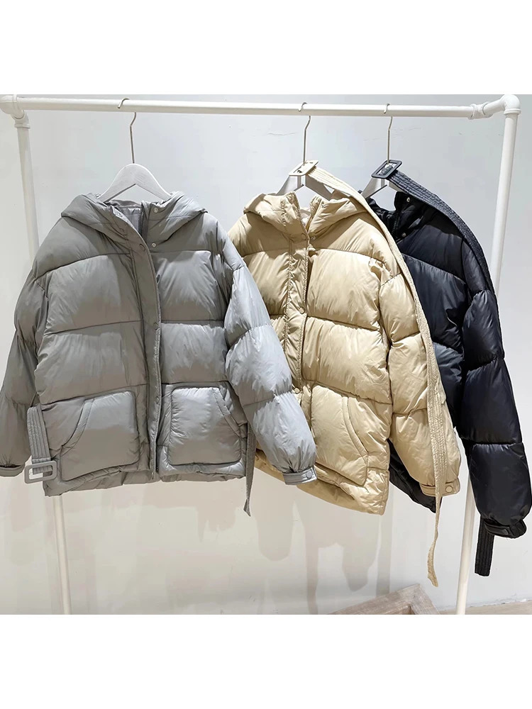 Womens Down Parkas Winter Loose Thickening Puffer Jacket Women Solid Belt High Waist Warm Parkas Fashion Black Grey Long Sleeve Coat 231027