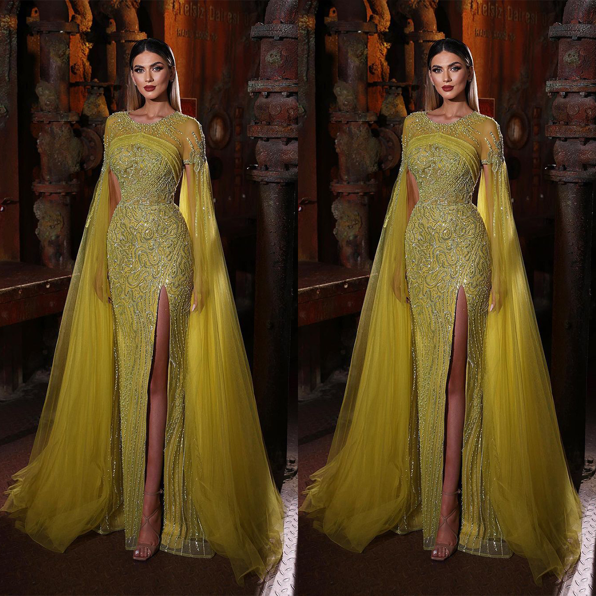 Gorgeous Mermaid Prom Dresses Designer Jewel Long Sleeves Lace Appliques Side Split Backless Tulle Plus Size Custom Made Party Dress Vestido De Noite 