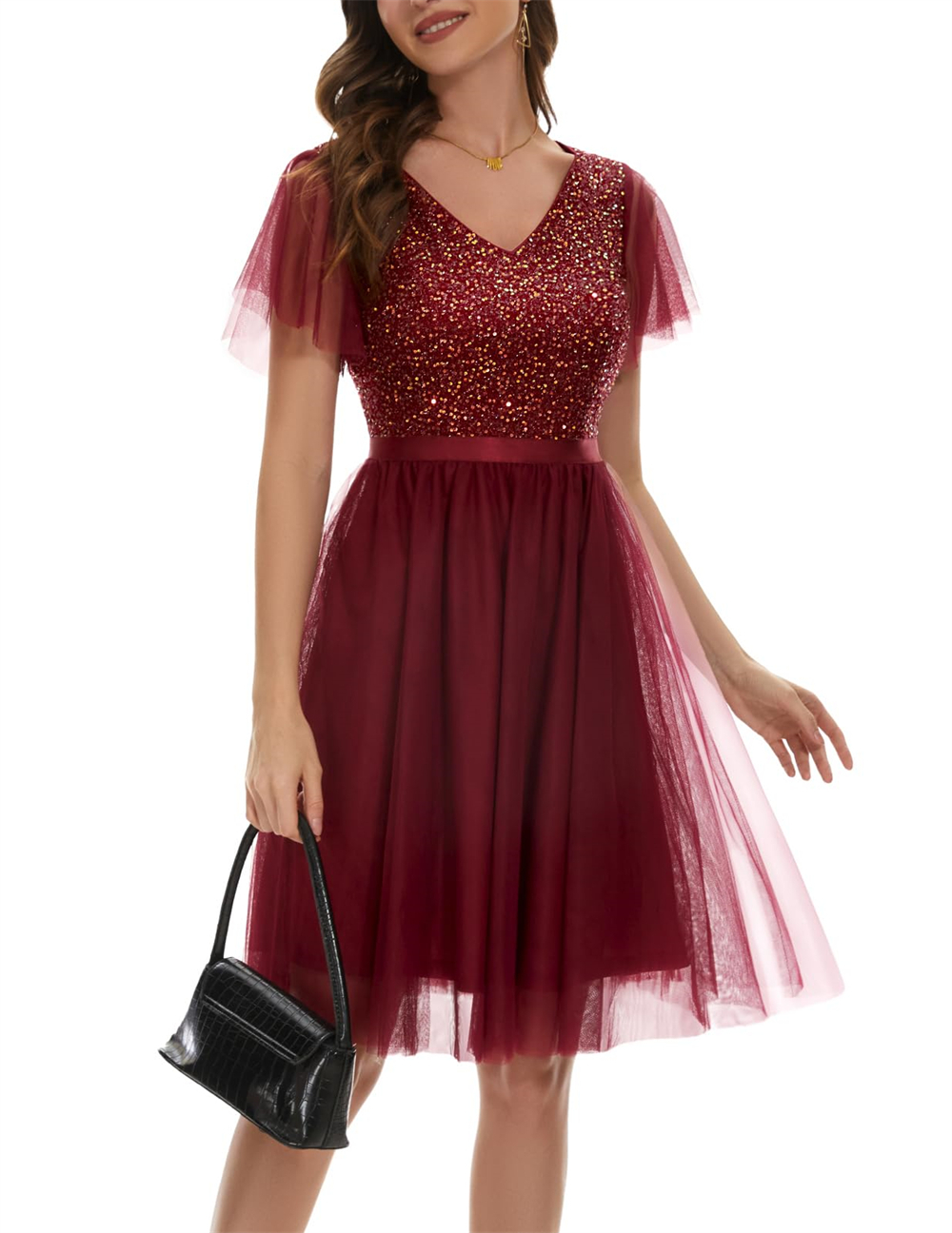 Homecoming Dresses Princess V-Neck Sequins Tulle A-Line Cocktail Formal Occasion Birthday Prom Graudation Cocktail Party Gowns H003