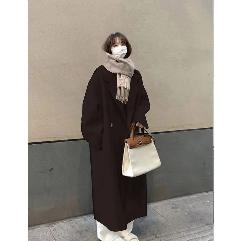 Women's Wool Blends Warm Mid Length Loose Blend Coat Korean Women Thick Overcoat Fall Winter Solid Double Breasted Parkas Jaqueta 231027