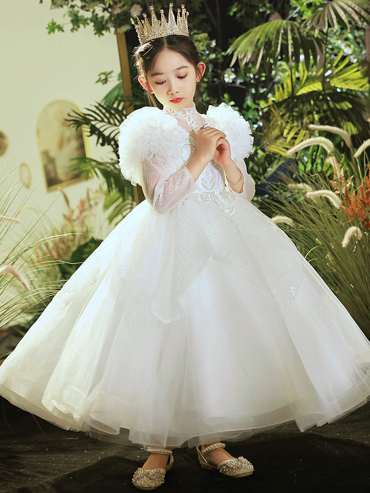 White Princess Flower Girl Dresses Birthday High Neck Hand Made Beaded Crystal Shiny Flowers Little Girls Wedding Dress Communion Pageant Gowns Tulle 
