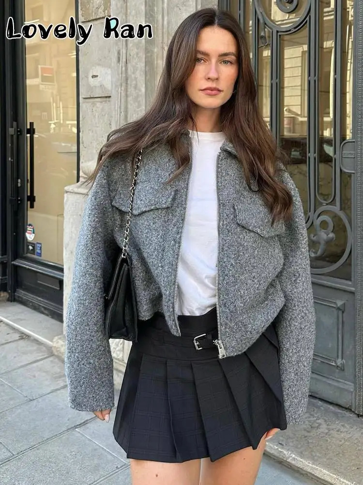 Women's Jackets Fashion Solid Turndown Collar Cropped Coats For Women 2023 Autumn Warm Outerwear Zipper Long Sleeve Pockets Female 231027
