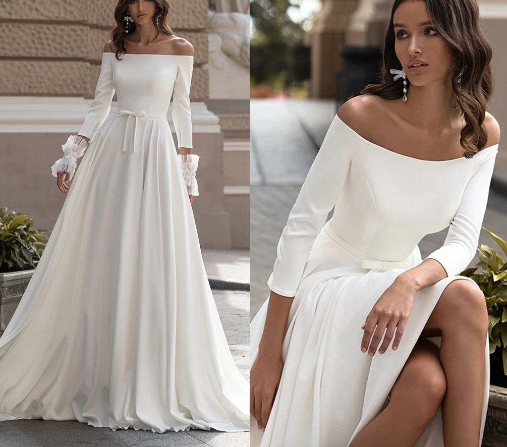 2024 Off-Shoulder Strapless Backless Wedding Dress Long Sleeves A-Line Soft Satin Elegant Sweep Train Bridal Gown Vestido de Novia