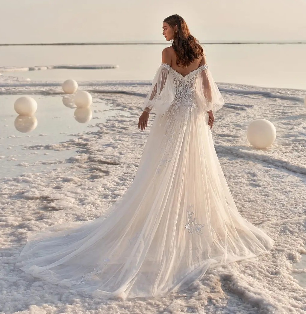 Full Puff Sleeve Beach Boho Wedding Dress for Women Off the Shoulder Princess Tulle Appliques Lace Court Train Bride Gown Vestidos De Noiva