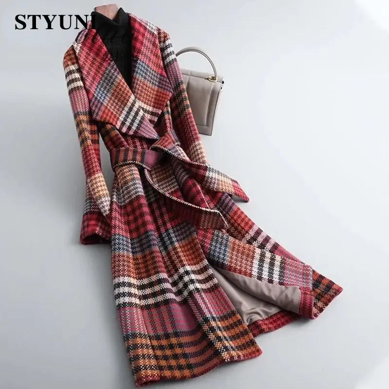 Women's Wool Blends Red Plaid Vintage Thick Woolen Long Sleeve High Waist With Belt Jacket Korean Fashion Coat Winter 2023 231027