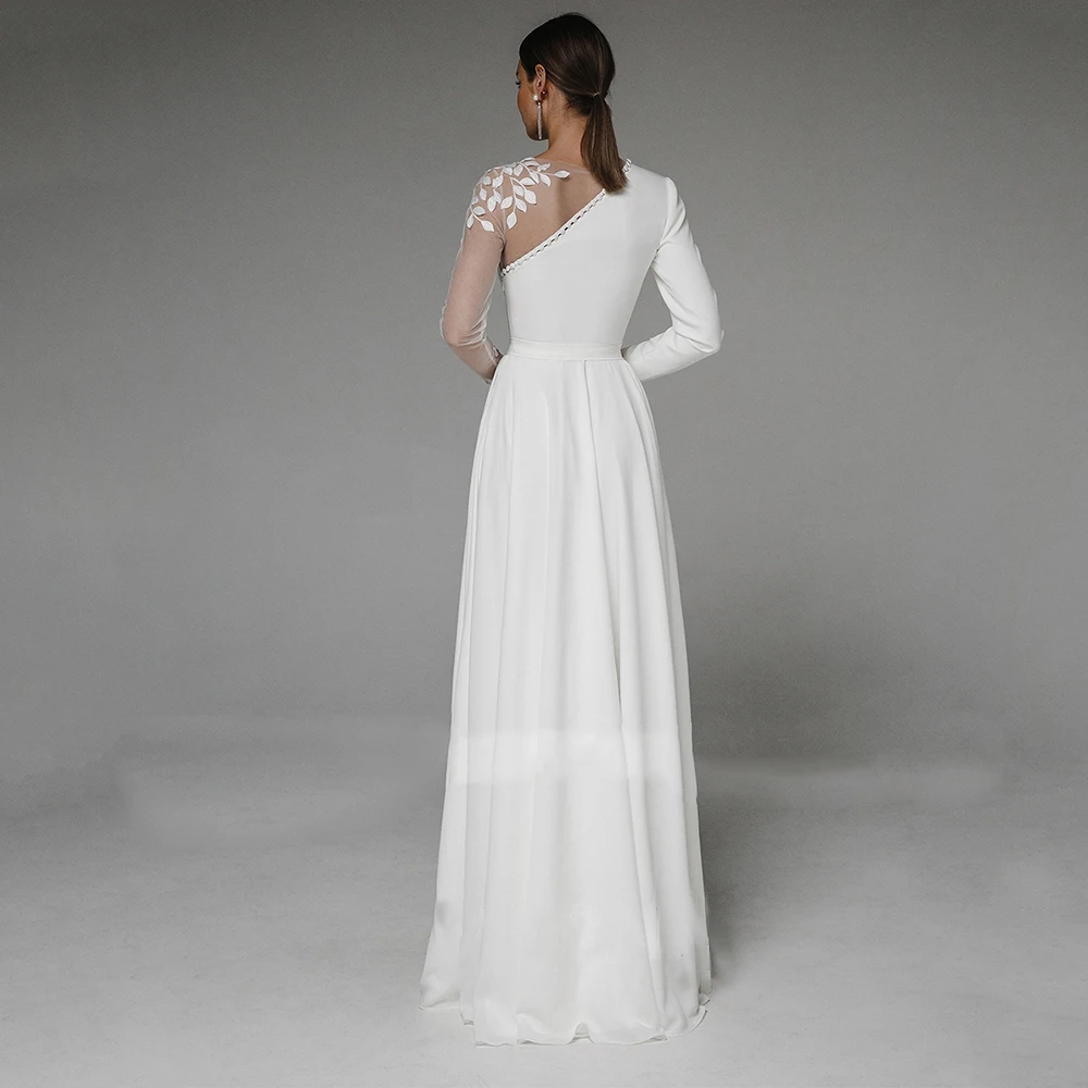 Asymmetrical Side Slit Wedding Dress Long Sleeve Civil Bridal Gown Party For Bride Button Applique Floor Length Women Robe De Mariee Vestidos De Noiva