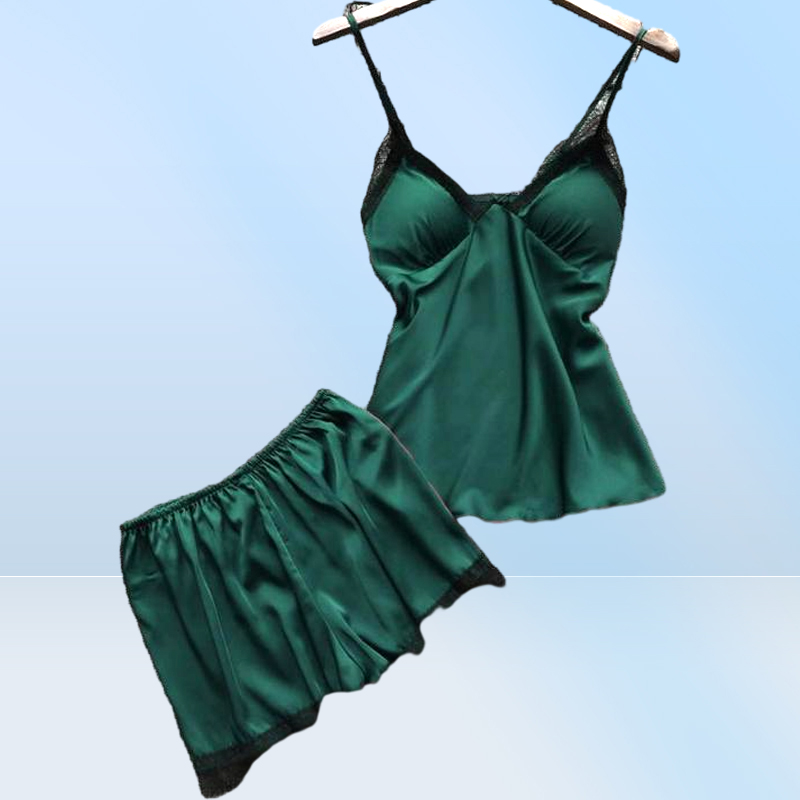 Women Pajamas Sets Satin Sleepwear Silk 4 Pieces Nightwear Pyjama Spaghetti Strap Lace Sleep Lounge Pijama With Chest Pads