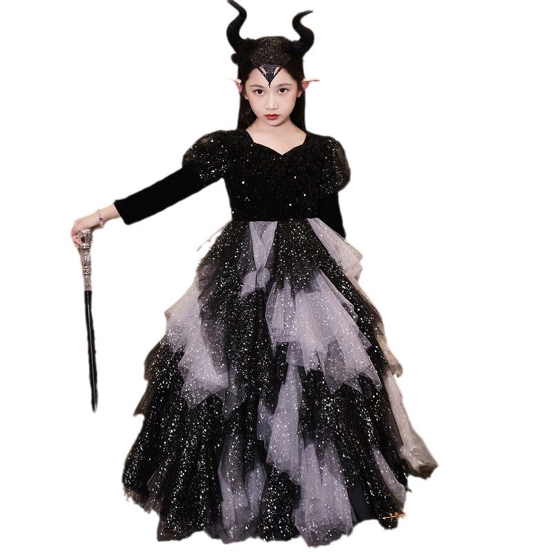 shiny Girls Pageant Dress Ball Gown Ruffled Flower Girls Birthday Party Dresses Halloween children dress cosplay little devil girl kindergarten perfor