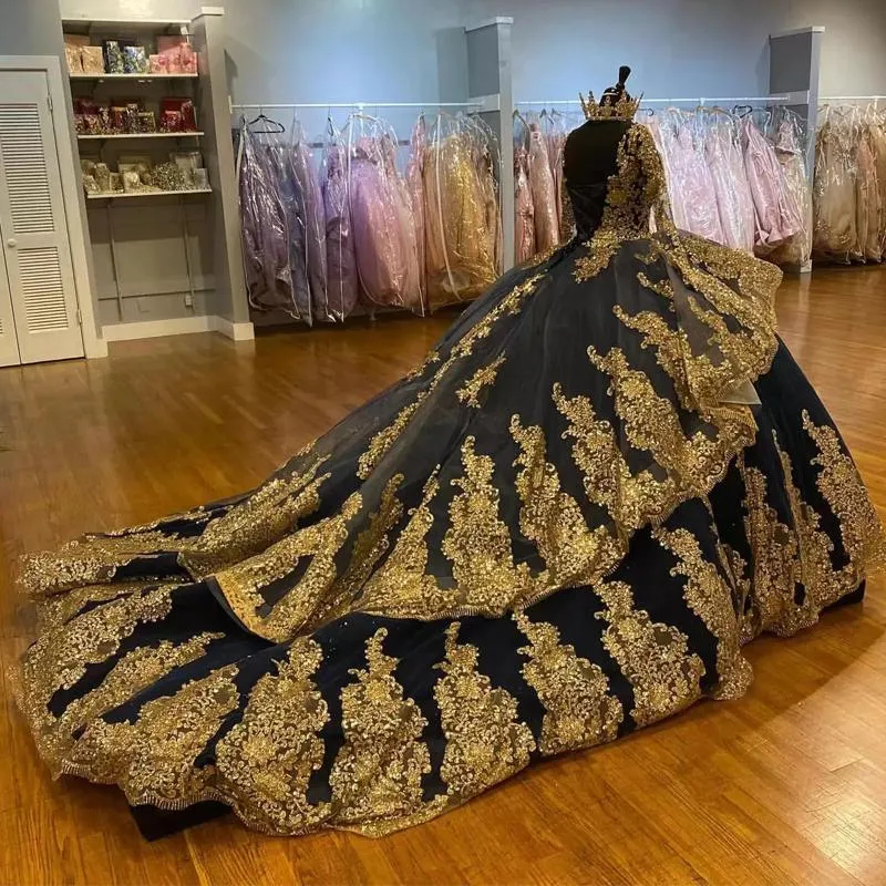 Luxury Navy Blue Princess Quinceanera Dresses With Gold Lace Appliques Pearls Beaded Long Sleeves Sweet 16 Dress Girls Party Prom Special Occasion deb
