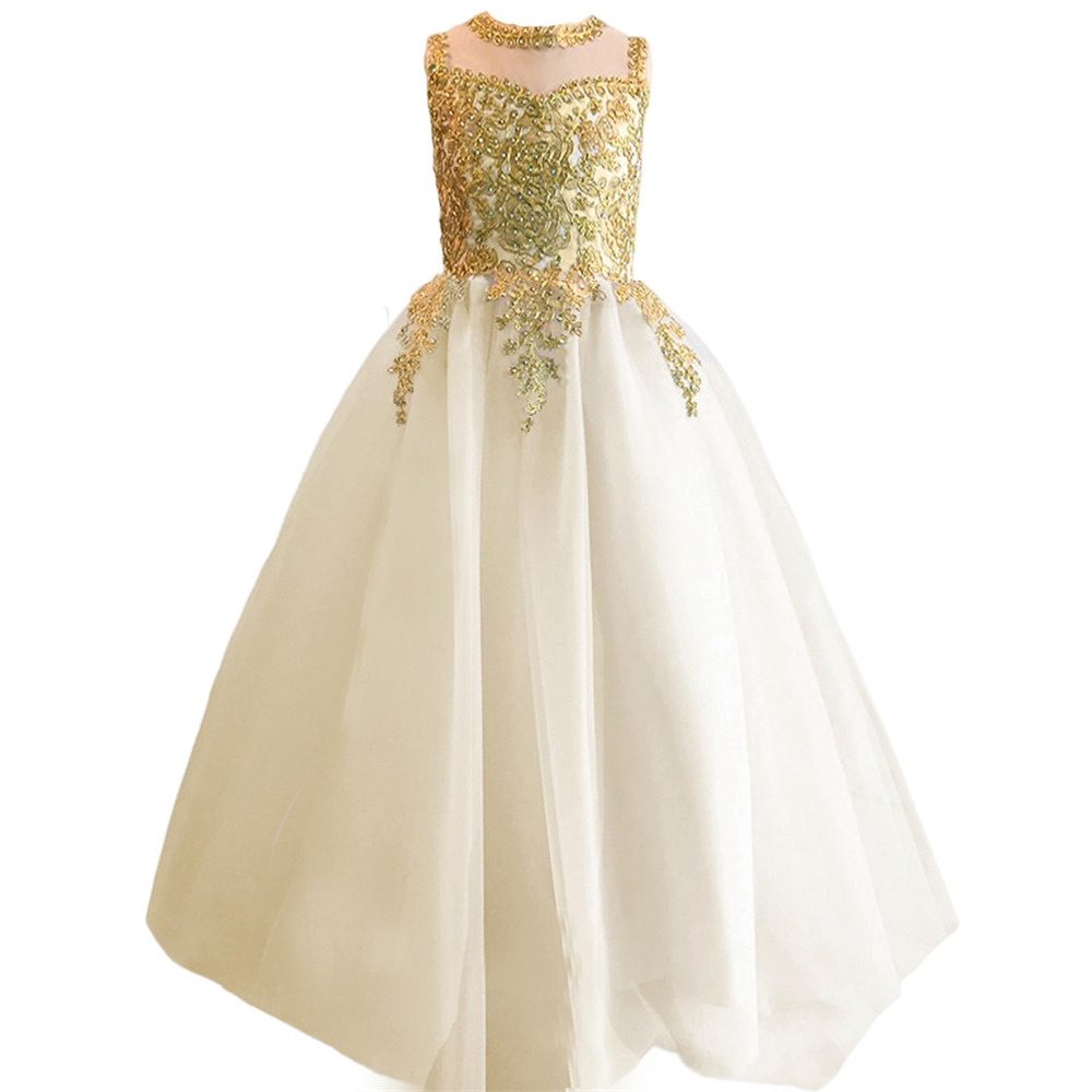 Pretty Princess Girl Dresses Long Appliques Backless Lace-up Ball Gown Tulle Girls Pageant Gown Communion For Wedding Formal Party F12
