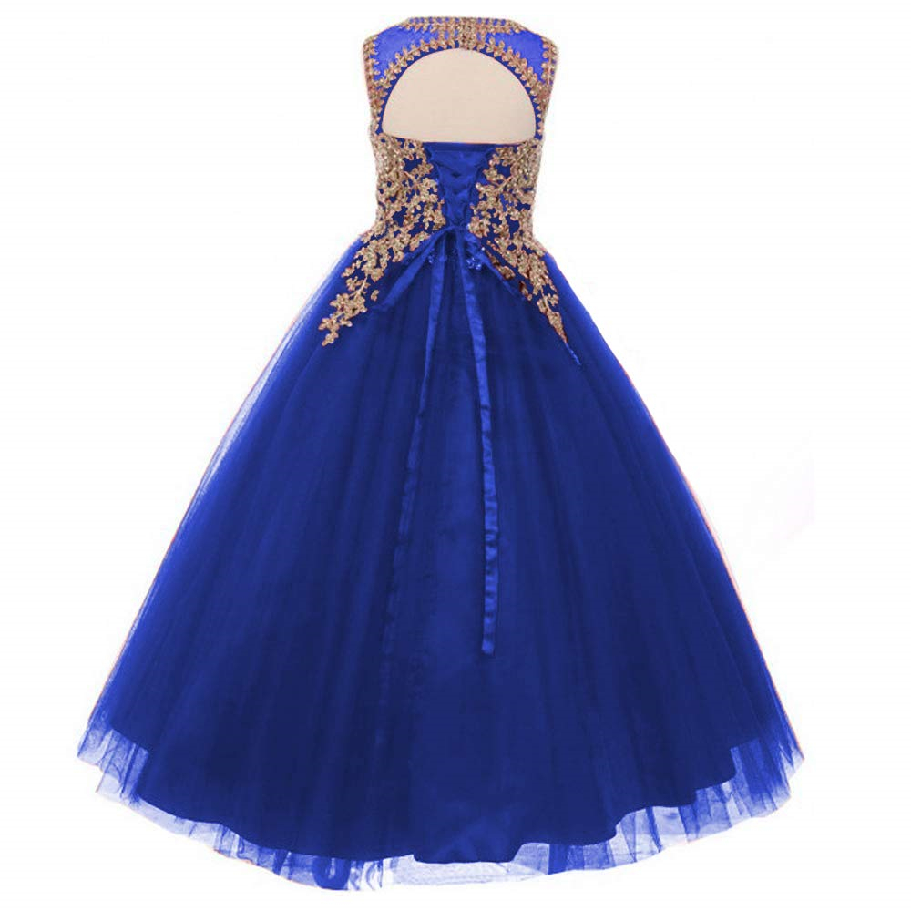 Pretty Princess Girl Dresses Long Appliques Backless Lace-up Ball Gown Tulle Girls Pageant Gown Communion For Wedding Formal Party F12