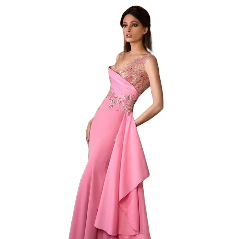 Sexy Beaded Pink Evening Dresses Lace Appliques Sleeveless Peplum Long Mermaid Prom Dress Women Special Occasion Gowns 2024 Charming Formal Wear