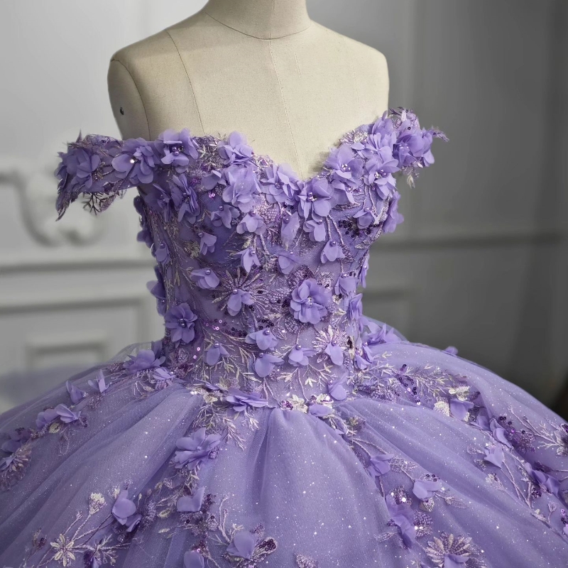 Lavender Sweetheart Princess Quinceanera Dresses Off The Shoulder Applique Flower Lace Up Corset Sweet Dress Vestidos De Anos