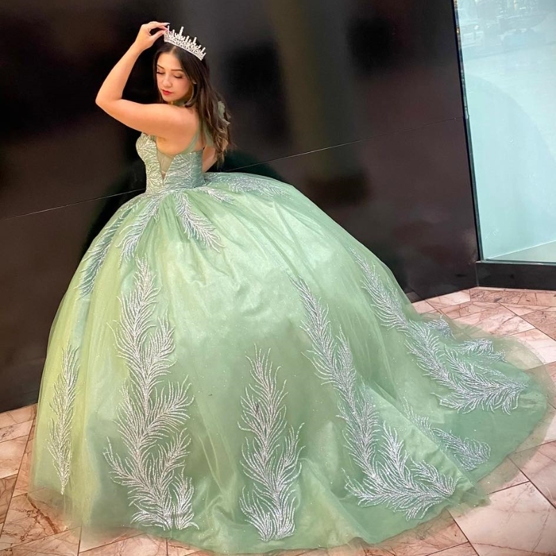 Green Shiny Sweetheart Quinceanera Dress Off The Shoulder Ball Gown Lace Beads Corset Sweet Vestidos De XV Anos 15