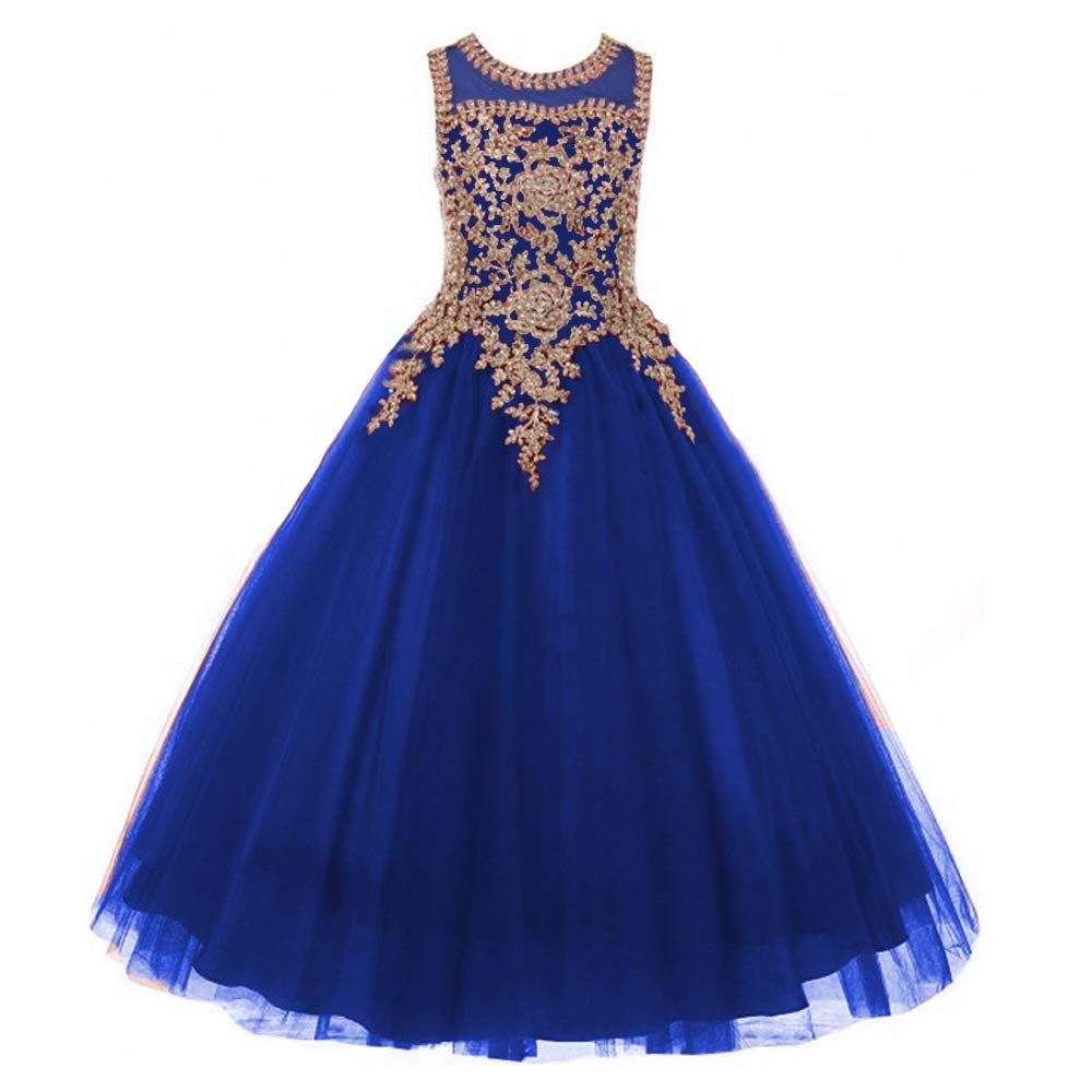Pretty Princess Girl Dresses Long Appliques Backless Lace-up Ball Gown Tulle Girls Pageant Gown Communion For Wedding Formal Party F12