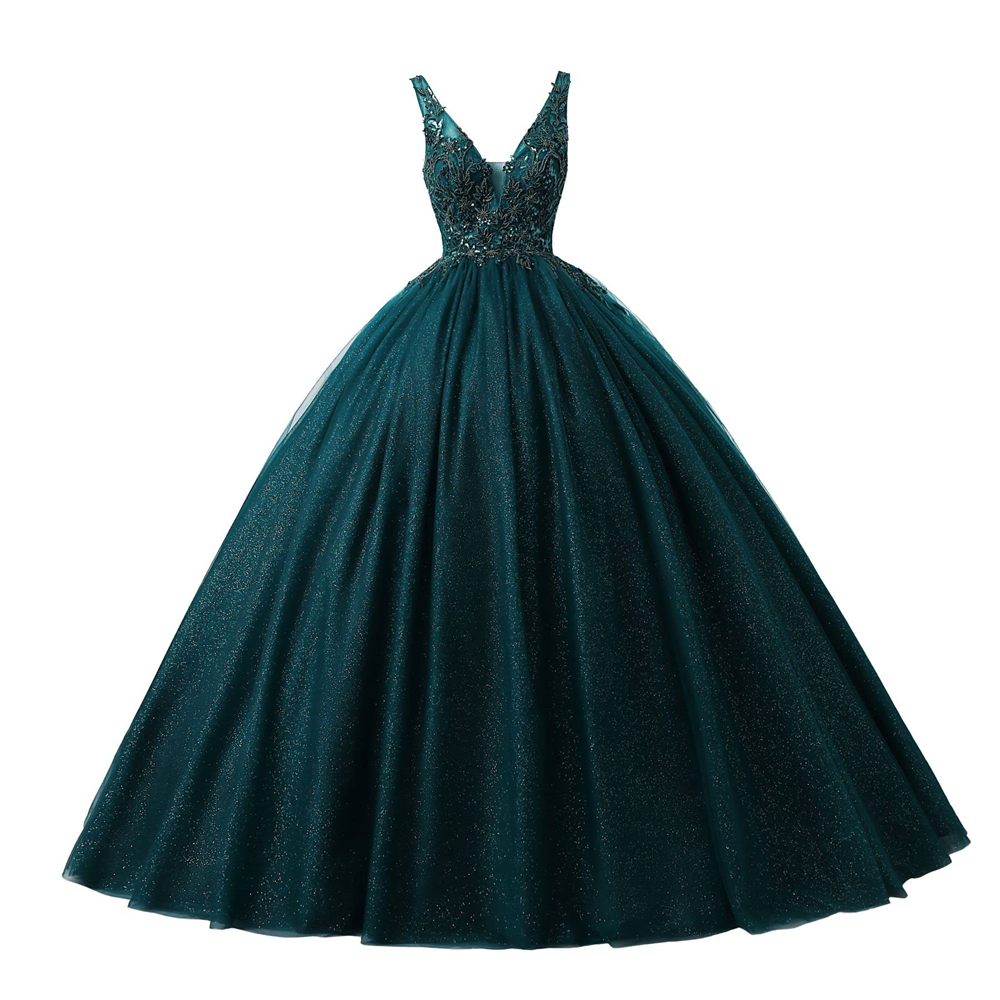 Quinceanera Dresses Princess Deep V-Neck Appliques Sequins Backless Ball Gown with Tulle Lace-up Plus Size Sweet 16 Debutante Party Birthday Vestidos 