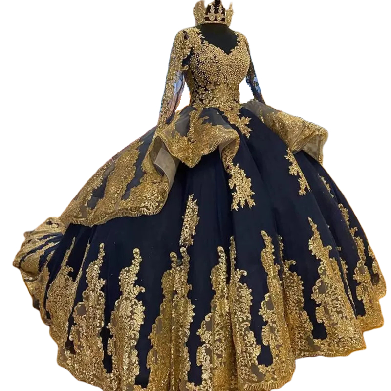 Luxury Navy Blue Princess Quinceanera Dresses With Gold Lace Appliques Pearls Beaded Long Sleeves Sweet 16 Dress Girls Party Prom Special Occasion deb