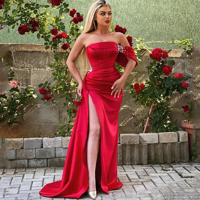 Red Formal Mermaid Prom Dresses One Shoulder Evening Dress Pearls Beadings Arabia tail Party Gowns