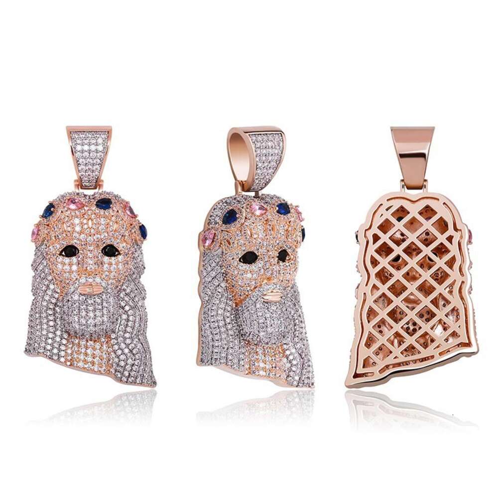 Colorful Diamond Rose Gold Jesus Head Statue Pendant Necklace For Women Men Jewelry Full Sparkling Cubic Zircon Cz Stone Wolf Tide Hip Hop Necklaces R