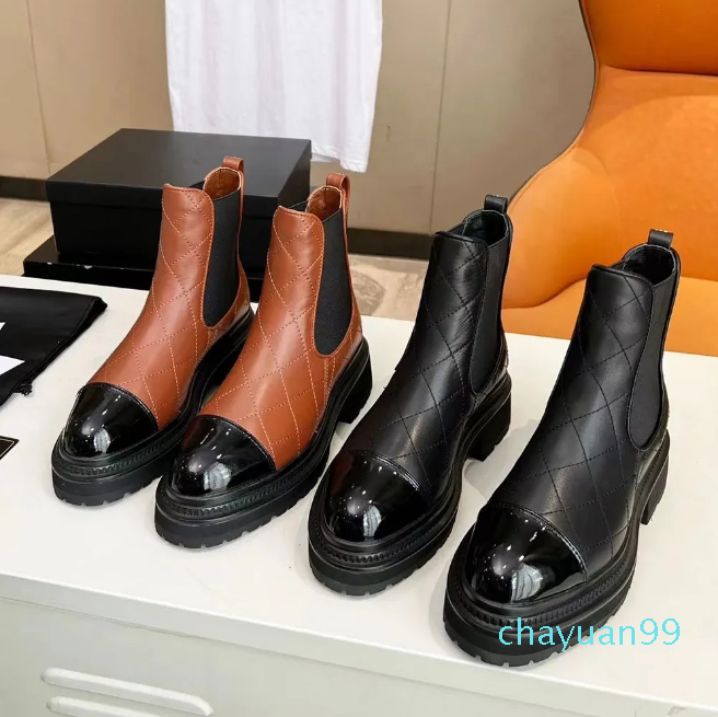 Cowhide patent leather Ankle boots leather check chunky block low heel Chelsea boot round Toe slip-on booties luxury designer shoes factory footwear