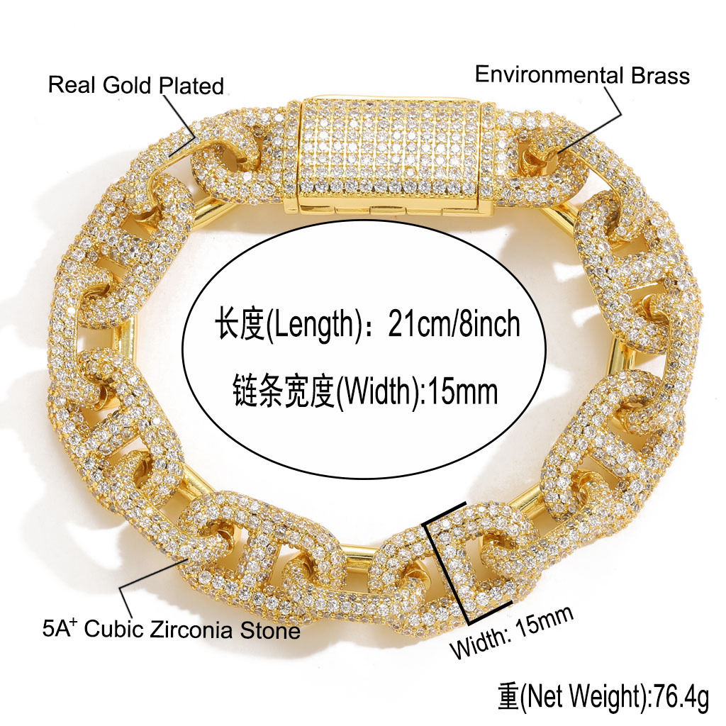 15mm Hip Hop Coffee Beans Chain Pig Nose Cuban Chain Necklace Bracelet 18k Real Gold Plated Cool Men Jewelry Set