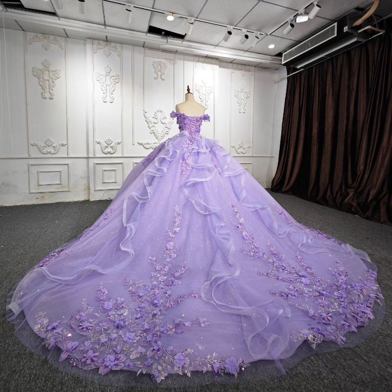 Lavender Sweetheart Princess Quinceanera Dresses Off The Shoulder Applique Flower Lace Up Corset Sweet Dress Vestidos De Anos