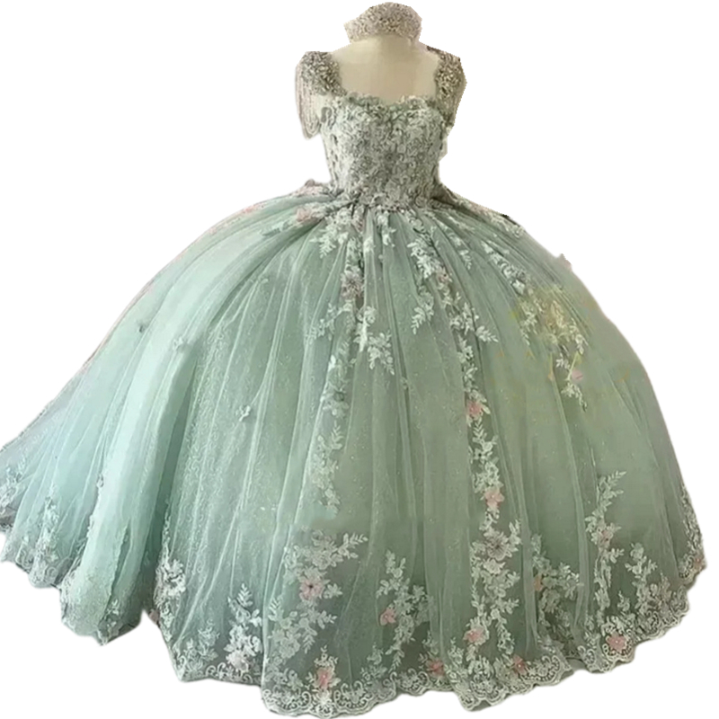 Princess Quinceanera Dresses Sage Lace Floral Appliques Gorgeous Prom Sweet 16 Dress For Girls Party Beaded Sweetheart Neck Plus Size Formal Gowns