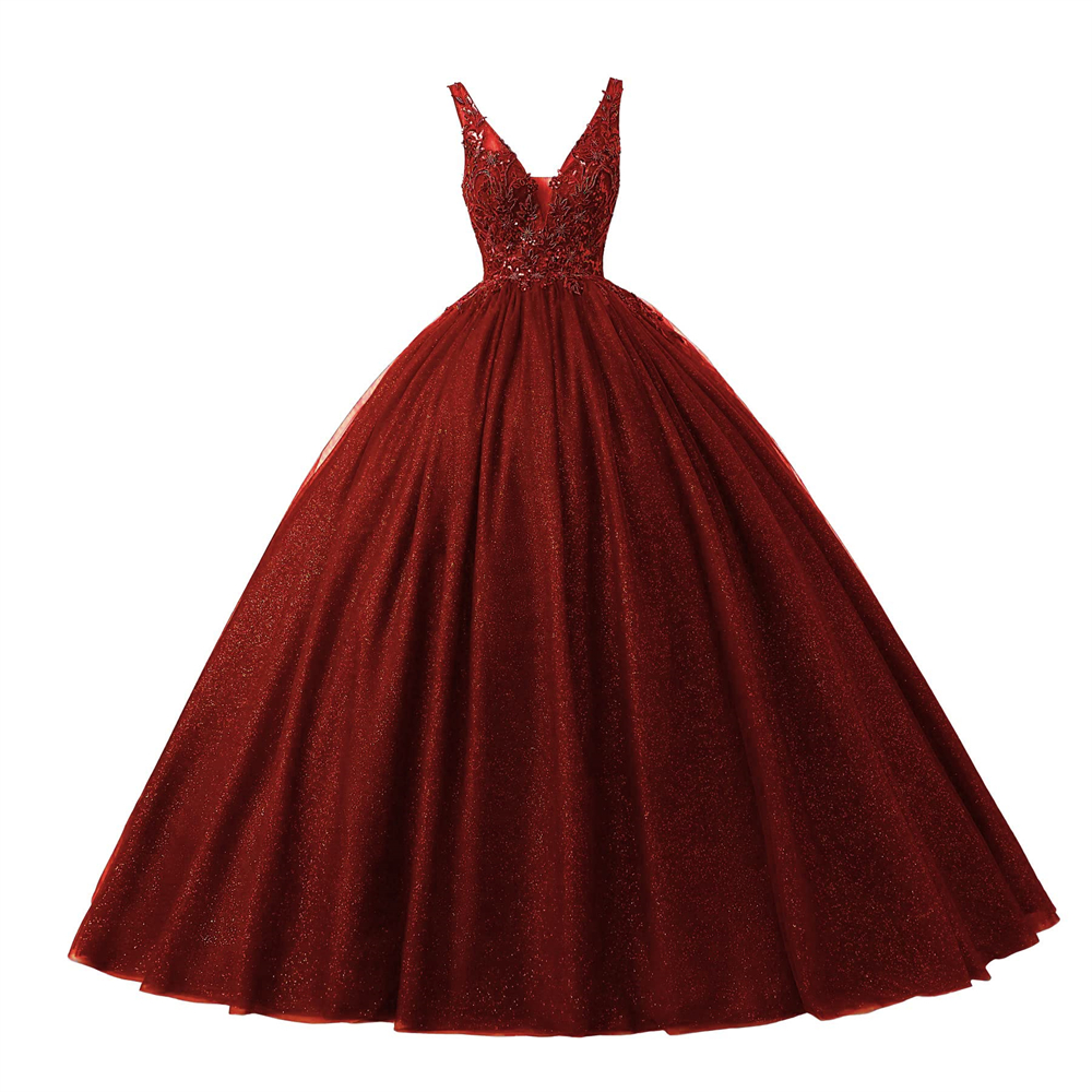Quinceanera Dresses Princess Deep V-Neck Appliques Sequins Backless Ball Gown with Tulle Lace-up Plus Size Sweet 16 Debutante Party Birthday Vestidos 
