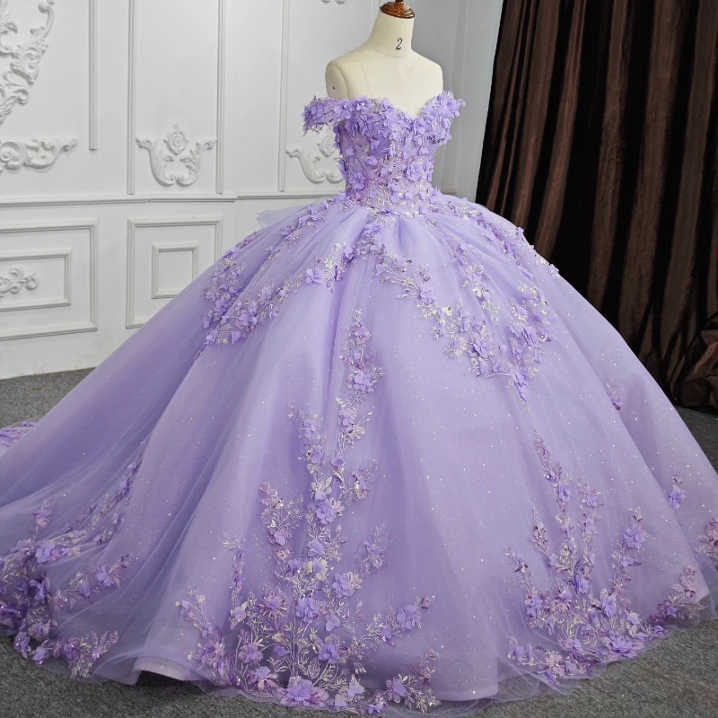 Lavender Sweetheart Princess Quinceanera Dresses Off The Shoulder Applique Flower Lace Up Corset Sweet Dress Vestidos De Anos