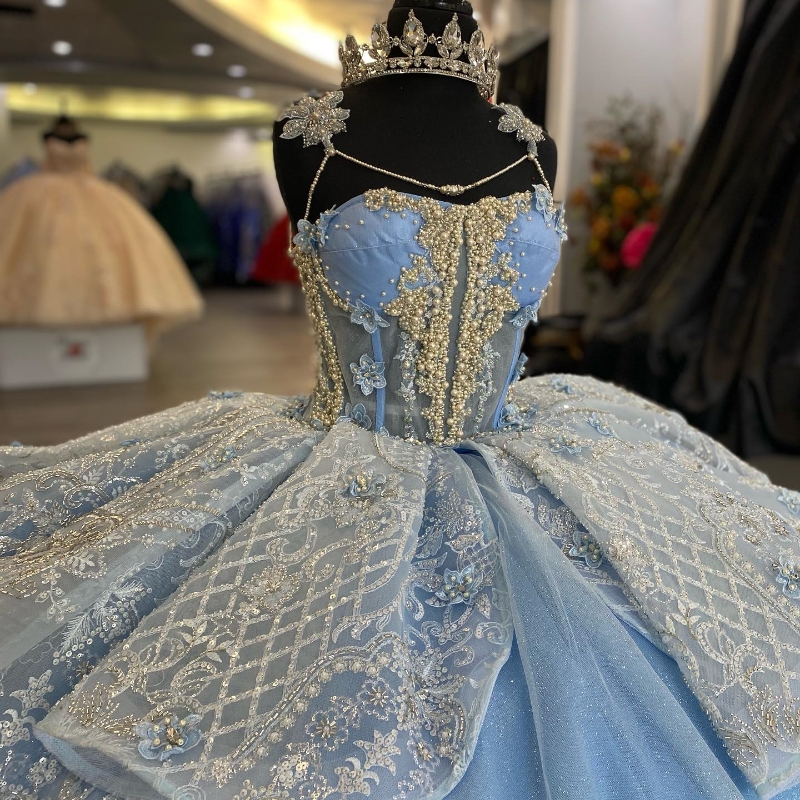 Shiny Off The Shoulder Quinceanera Dresses Tulle Appliques Beading Pearl Lace Up Vestidos De 15 Anos Princess Ball Gown Sweet 16 Dress