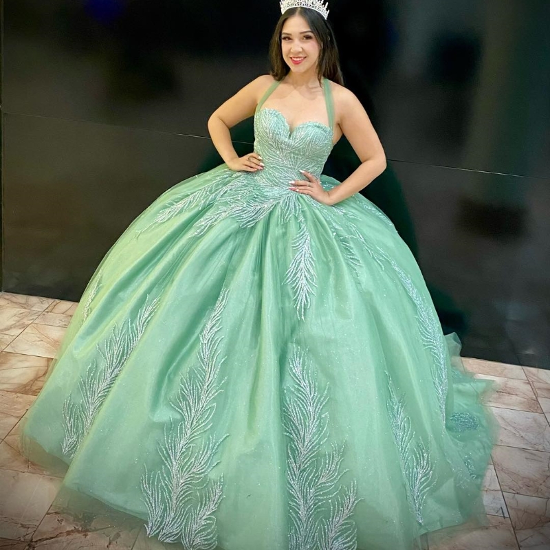 Green Shiny Sweetheart Quinceanera Dress Off The Shoulder Ball Gown Lace Beads Corset Sweet Vestidos De XV Anos 15