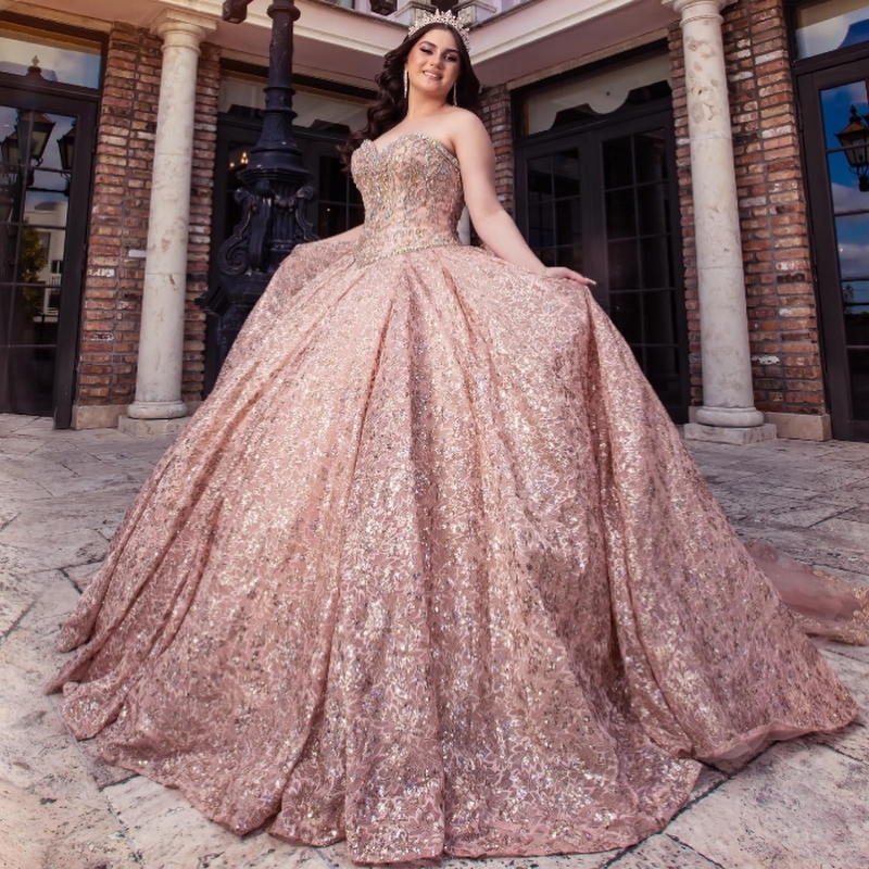 2025 Rose Gold Shiny Crystal Appliques Beads Crystal Bow Quinceanera Dresses Ball Gown Off The Shoulder Sweet Vestidos De 15