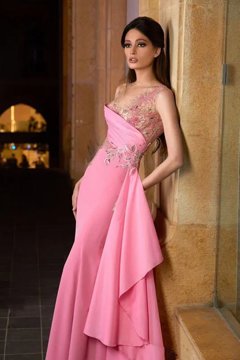 Sexy Beaded Pink Evening Dresses Lace Appliques Sleeveless Peplum Long Mermaid Prom Dress Women Special Occasion Gowns 2024 Charming Formal Wear