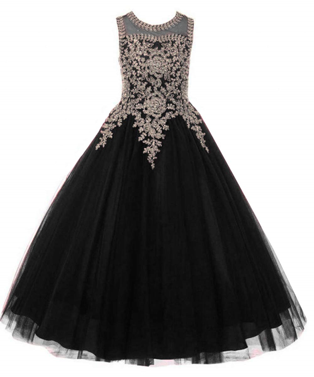 Pretty Princess Girl Dresses Long Appliques Backless Lace-up Ball Gown Tulle Girls Pageant Gown Communion For Wedding Formal Party F12