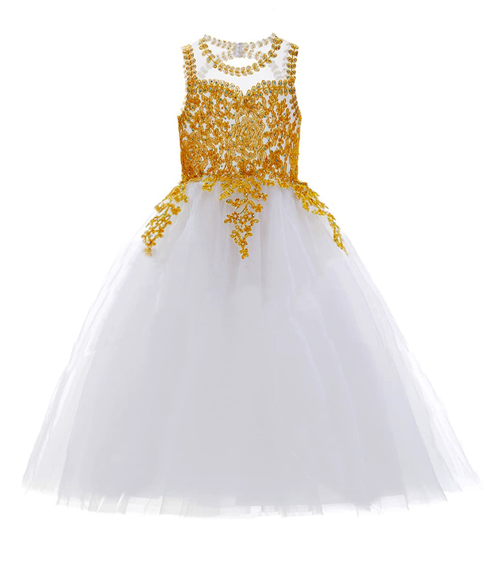 Pretty Princess Girl Dresses Long Appliques Backless Lace-up Ball Gown Tulle Girls Pageant Gown Communion For Wedding Formal Party F12