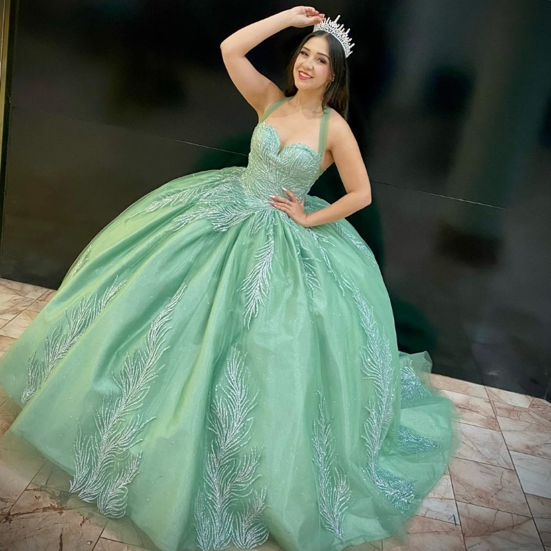Green Shiny Sweetheart Quinceanera Dress Off The Shoulder Ball Gown Lace Beads Corset Sweet Vestidos De XV Anos 15