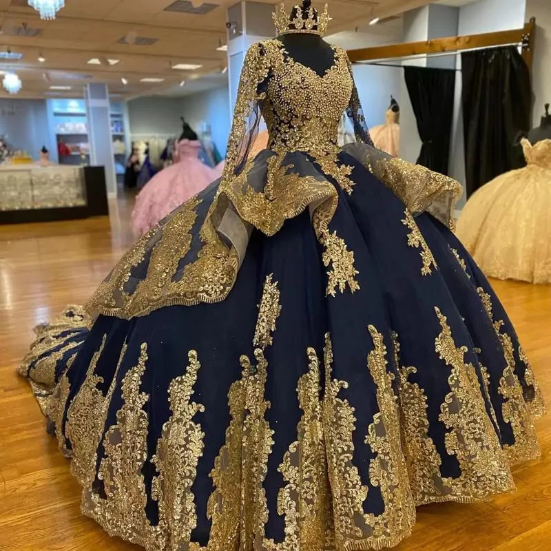 Luxury Navy Blue Princess Quinceanera Dresses With Gold Lace Appliques Pearls Beaded Long Sleeves Sweet 16 Dress Girls Party Prom Special Occasion deb