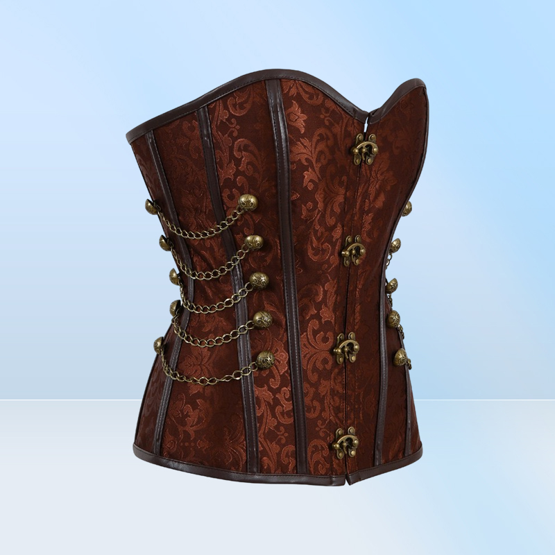 Women Vintage Steampunk Gothic PU Leather Panels Jacquard Overbust Corset Top with Chains and Buttons Accent S6XL Plus Size Brown5830902