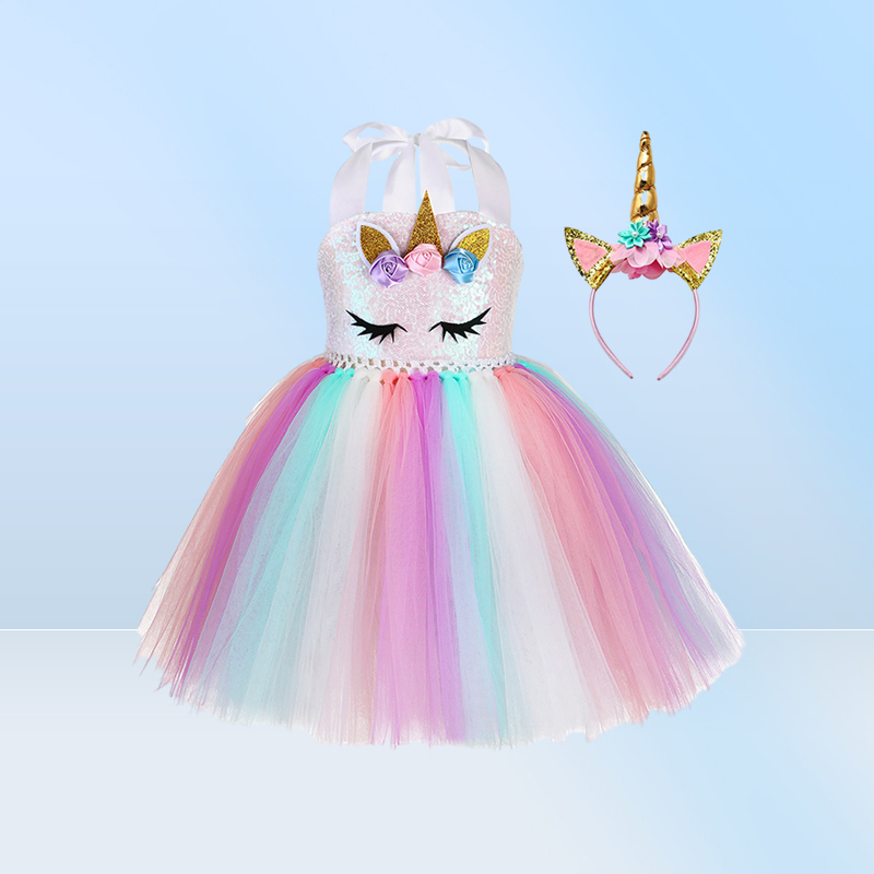 New Tutu Dress with Headband for Girls Kids Unicorn Sequin Suspender Tulle Dress Party Costume Fast Shipment