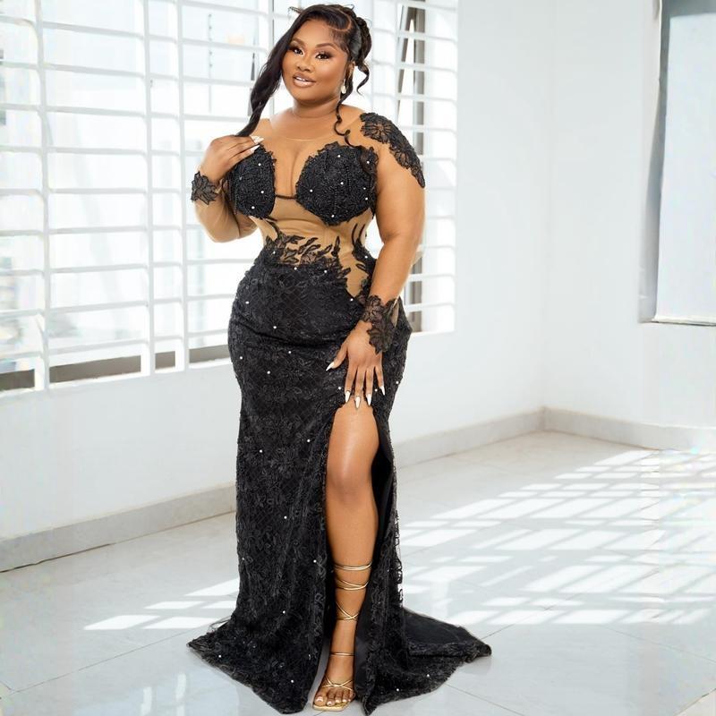 Black Jewel Side Split Sexy Tulle Prom Dress Aso Ebi See Long Sleeves Through African Women Lady Evening Gowns Formal Gown Beaded Appliqued Sequins Ou