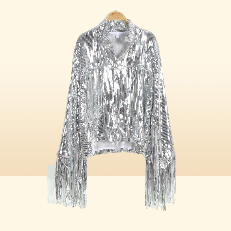 Women039s Tassel Sequin Jacket Autumn Winter Streewear Rock BF Retro Longsleeved Silver Reflective Women Outwear Tops 210914