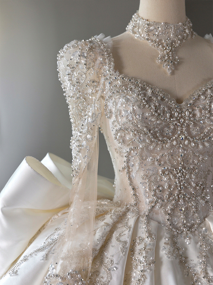 Shiny Sequins Muslim Wedding Dresses Long Sleeves Beading Plus Size pearls bead Arabic Robes De Mariee Sweetheart Appliques Beaded Garden Boho Bridal 