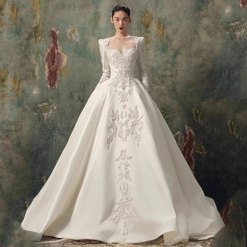 2023 Modest Long Sleeve Ball Gown Wedding Dresses princess satin Bridal Gowns plus size Lace Appliqued Sequins Plus Size Custom Made muslim Robe De Ma