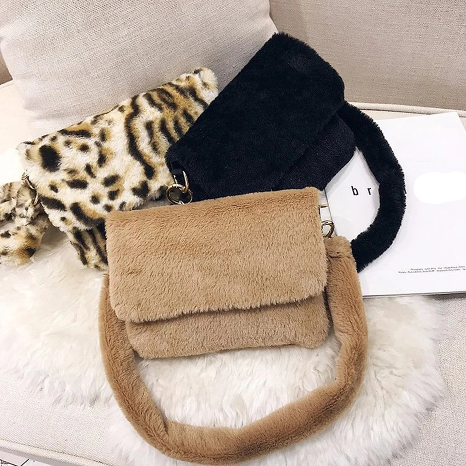 Evening Bags Women Winter Faux Fur Shoulder Bag Winter Soft Plush Leopard Print Ladies Hand Bags Fashion Party Female Handbag Torebka Damska 231030